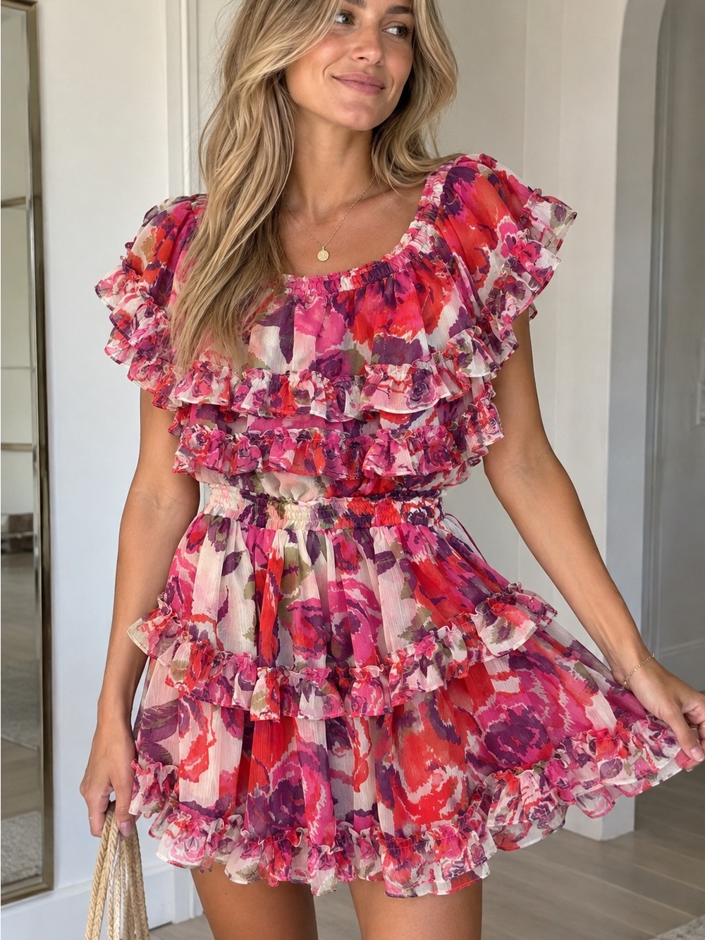 MISA Los Angeles Floral Ruffle Mini Dress Size S